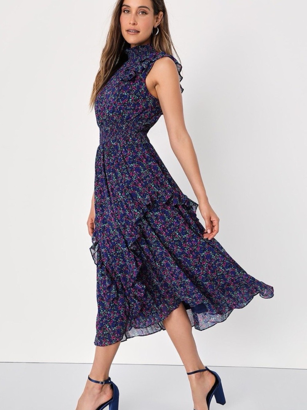 Lulus Evalina Navy Blue Floral Print Mock Neck Midi Dress - Picture 6 of 6